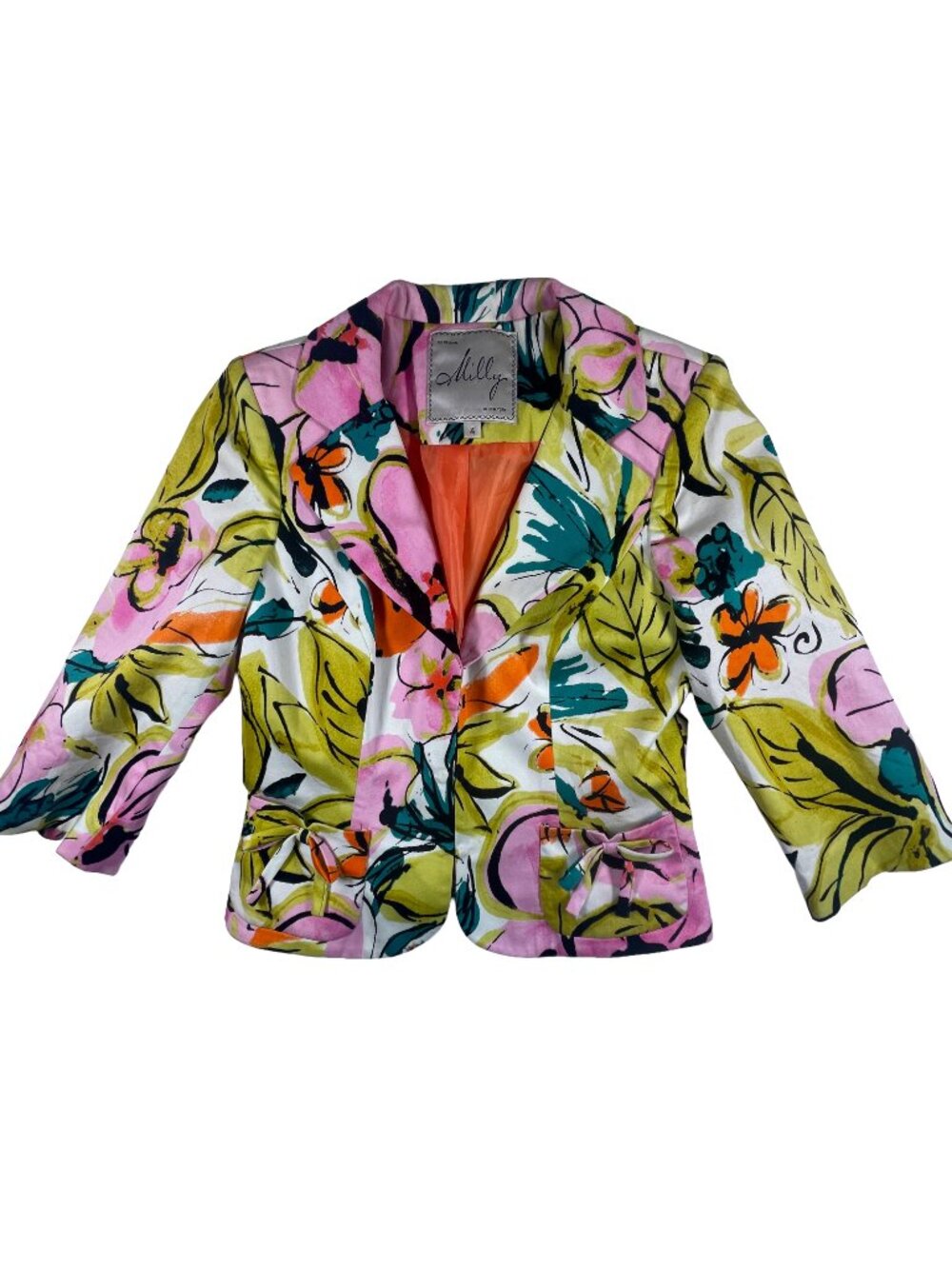 Milly New York Floral Blazer Jacket Size 4 Bow Detail Made USA
